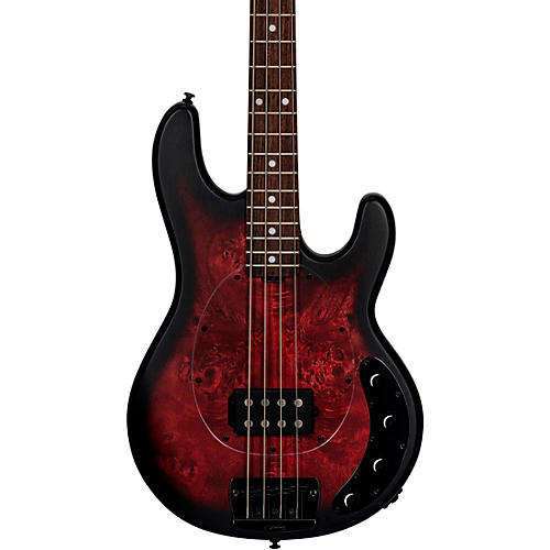 Sterling by Music Man StingRay RAY34 Poplar Burl Top Bass Dark Scarlet Burst Satin