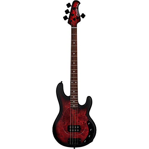 Sterling by Music Man StingRay RAY34 Poplar Burl Top Bass Dark Scarlet Burst Satin